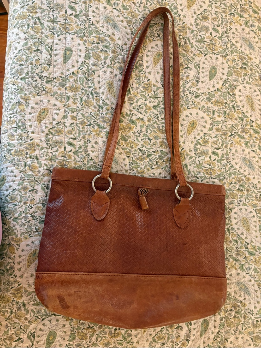 Brown Woven Leather Tote Bag - Casual Everyday Shoulder Bag